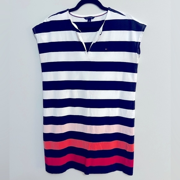 Tommy Hilfiger Dress Blue White Red Stripes Cotton Size L - Picture 1 of 4